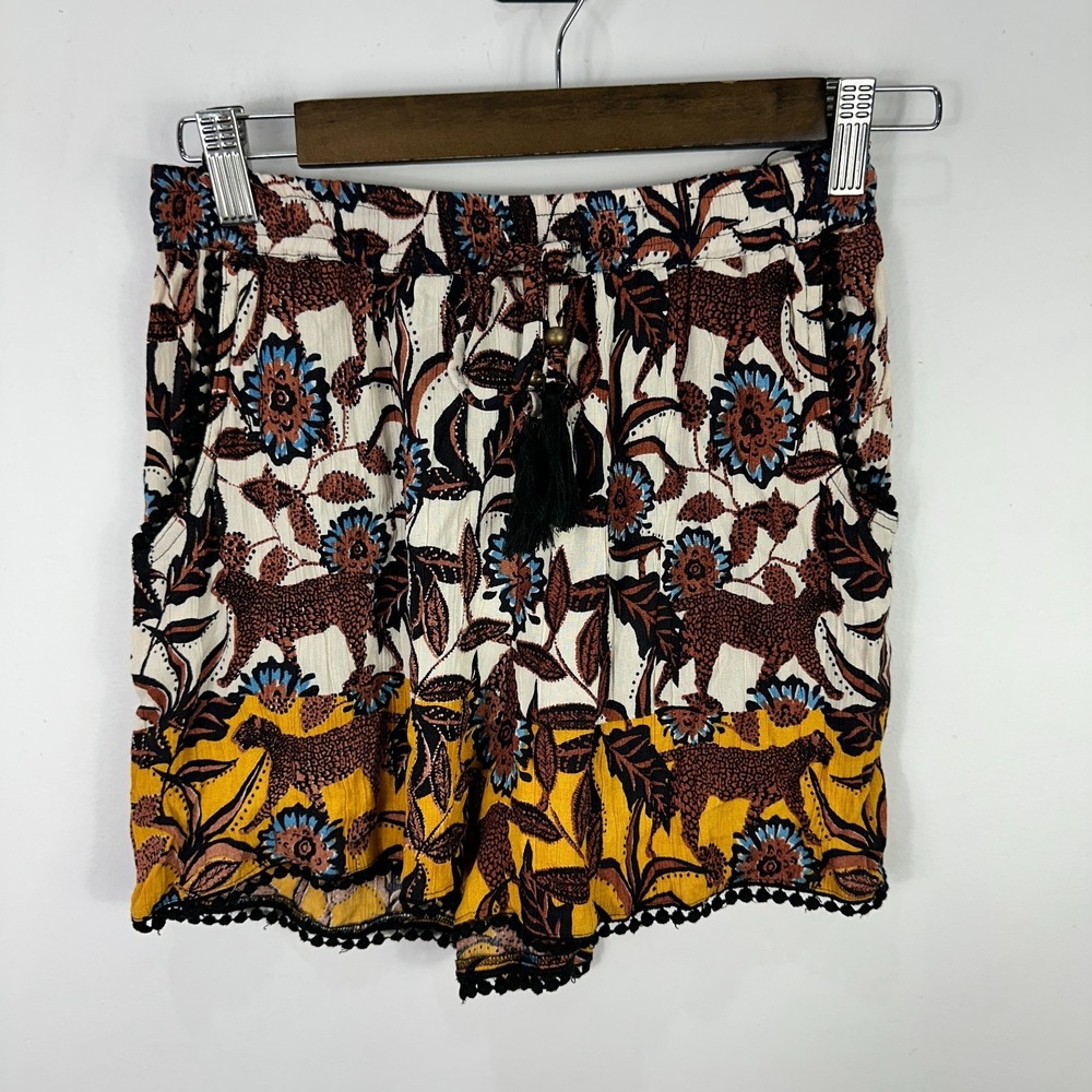 Blue Rain Shorts Womens Small Ivory Leopard Floral Pom Pom Trim Boho Folk Forest